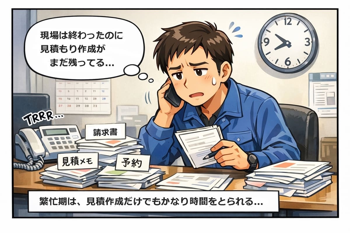 現場対応後に見積作成や電話対応に追われる業務負担のイメージ