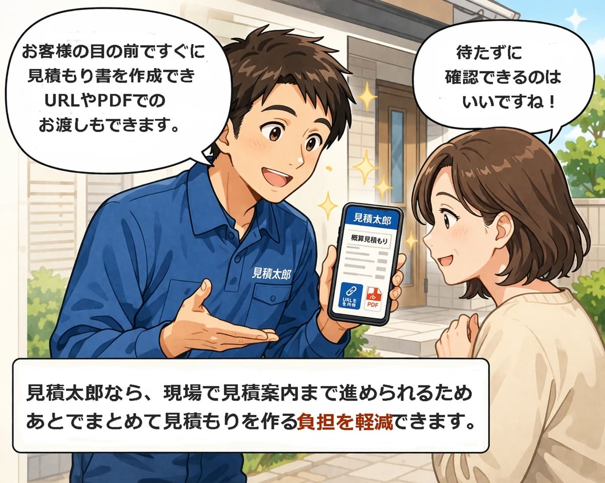 お客様の前でスマホを使い概算見積もりを案内する活用イメージ